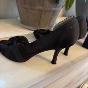 Black Satin Peep-Toe Kitten Heels with Bow Accent
